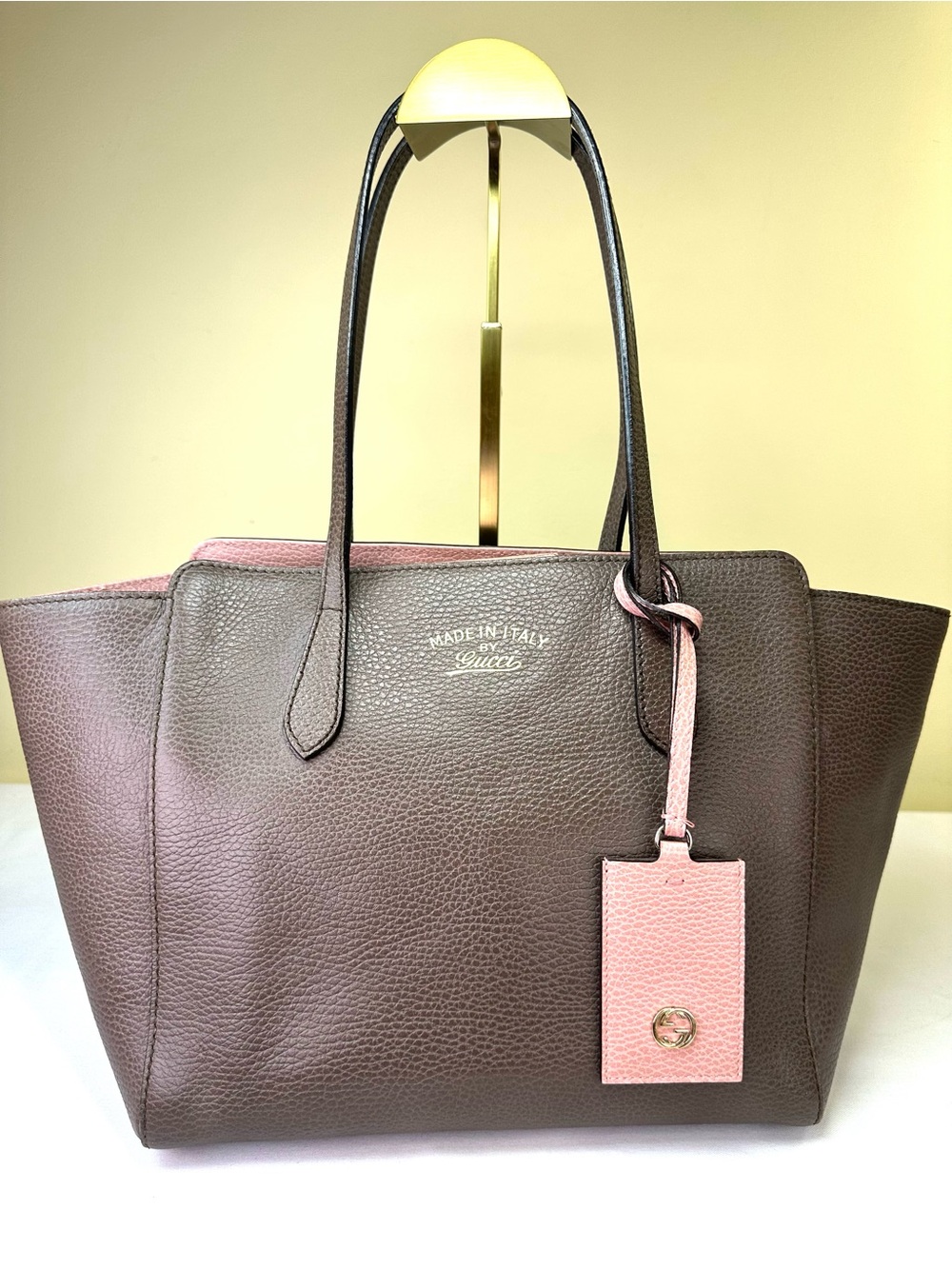 Gucci Swing Tote Brown & Pink Leather ID tag Italy COA
